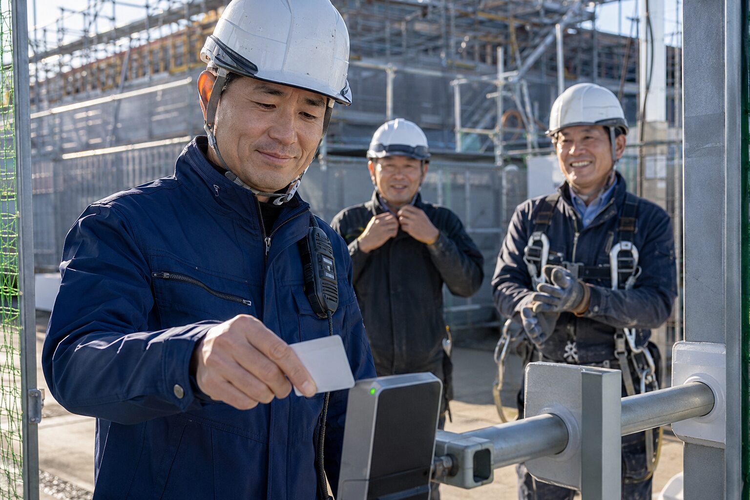 建設現場でCCUSの就業履歴を蓄積するためICカードをかざす技能者