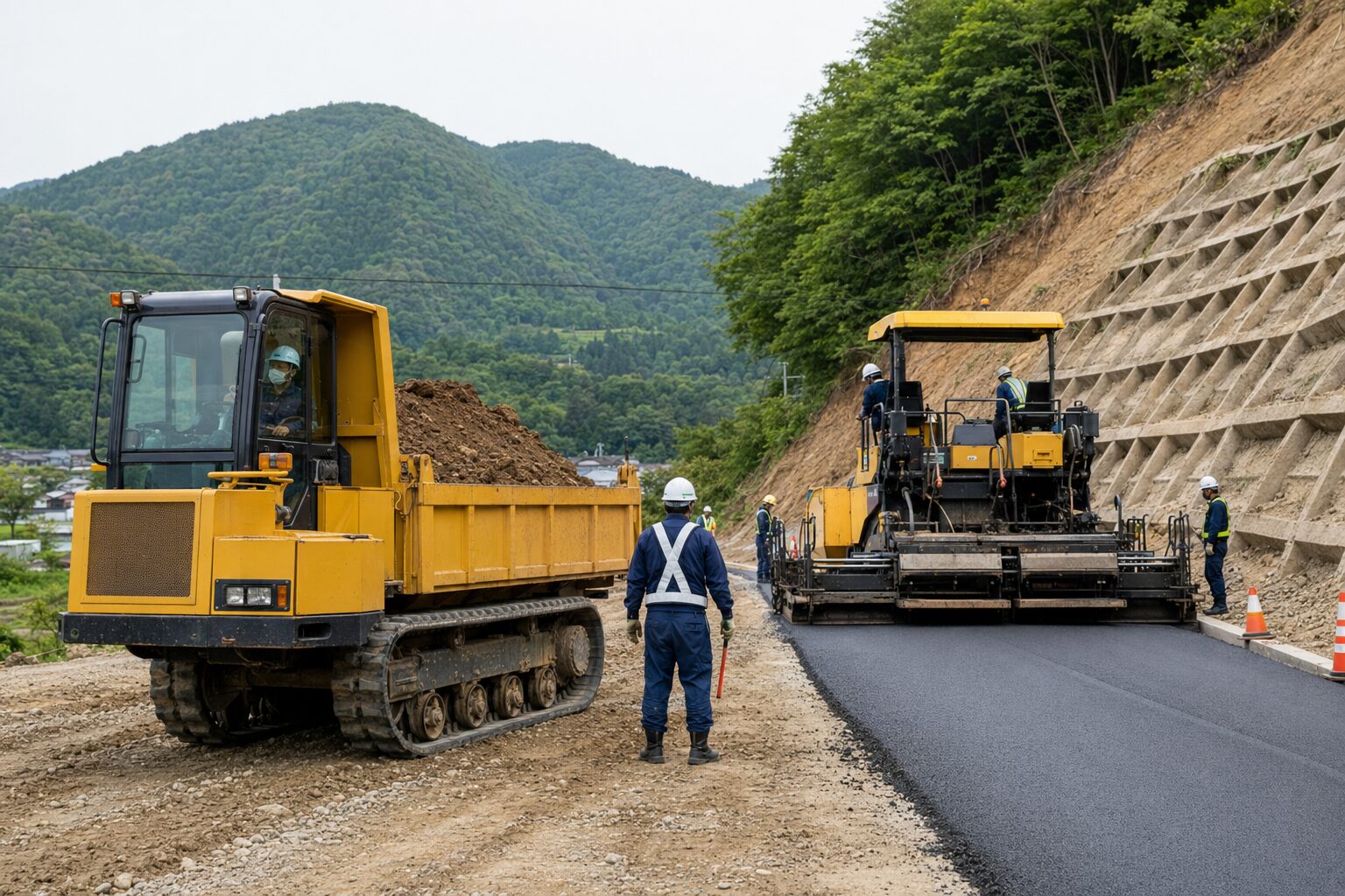 道路の復旧工事で稼働する不整地運搬車とアスファルト・フィニッシャ